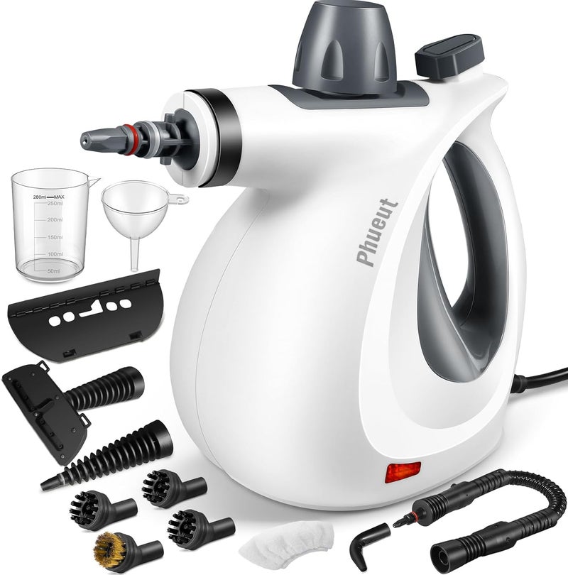 Phueut Pressurized Handheld Multi-Surface Natural Steam Cleaner with 12 pcs Accessories, Multi-Purpose Steamer for Home Use, Steamer for Cleaning Floor, Upholstery, Grout and Car (Grey) - Image 1
